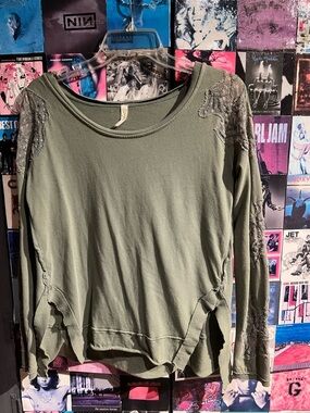 Free People Olive Green Lace Shoulder Long Sleeve Top